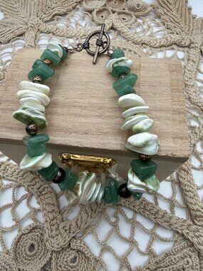 Vintage Natural Green Aventurine Shell Beaded Chunky Bracelet  Rustic Boho Chic